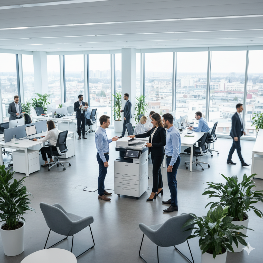 Pracownik Sentos korzystający z nowoczesnego urządzenia wielofunkcyjnego Ricoh w biurze typu open space